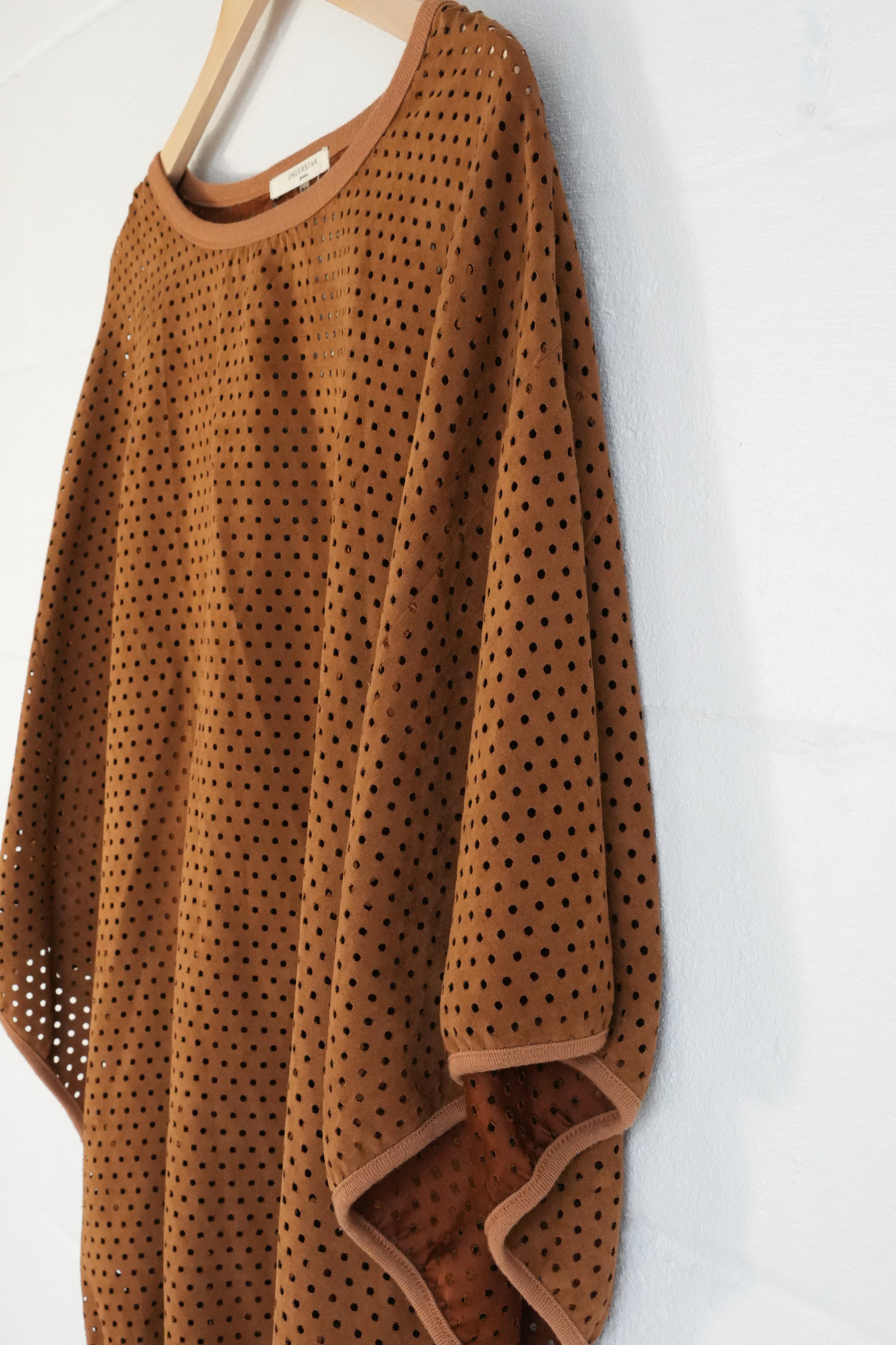 Understar Laser Cut Poncho Top Women Medium Brown Dolman Sleeve Tie Hem
