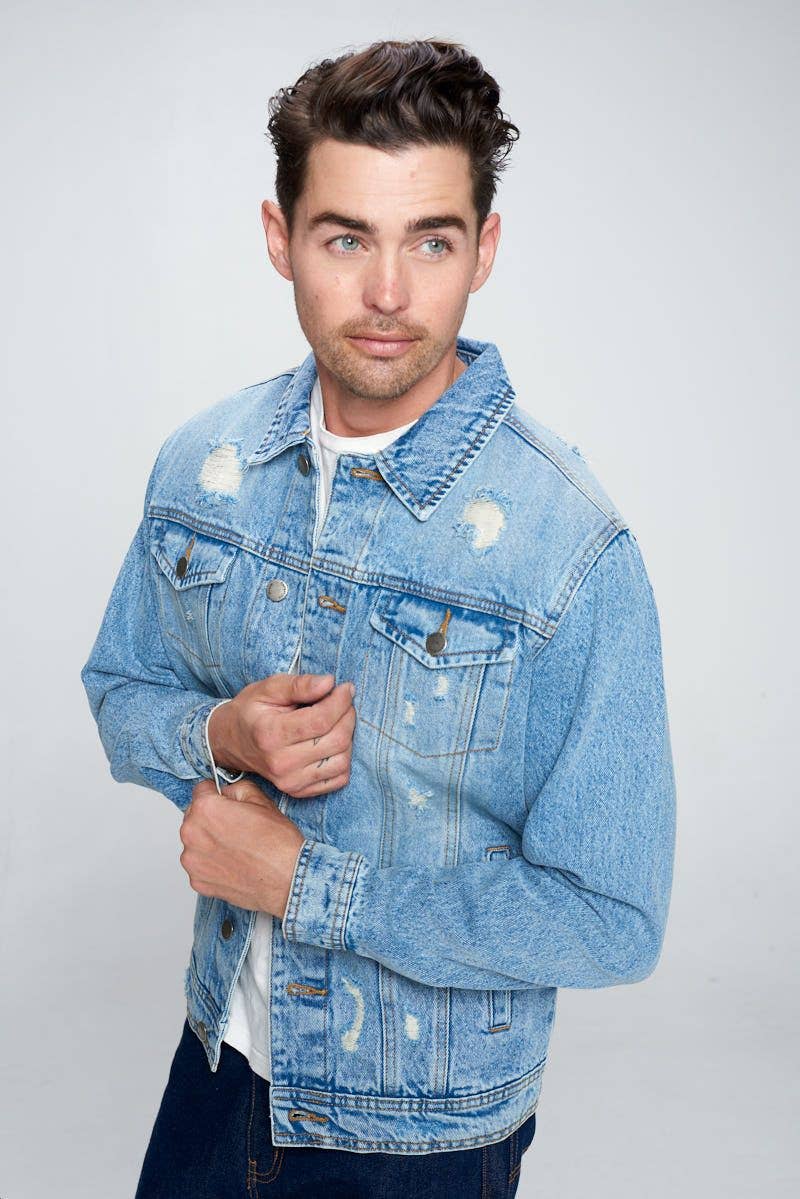 Men's Denim LIGHT WASHED Jacket with Distressing