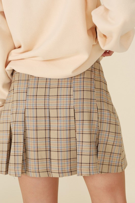 Plaid Pleated Mini Skirt with Pin-Tuck Detail