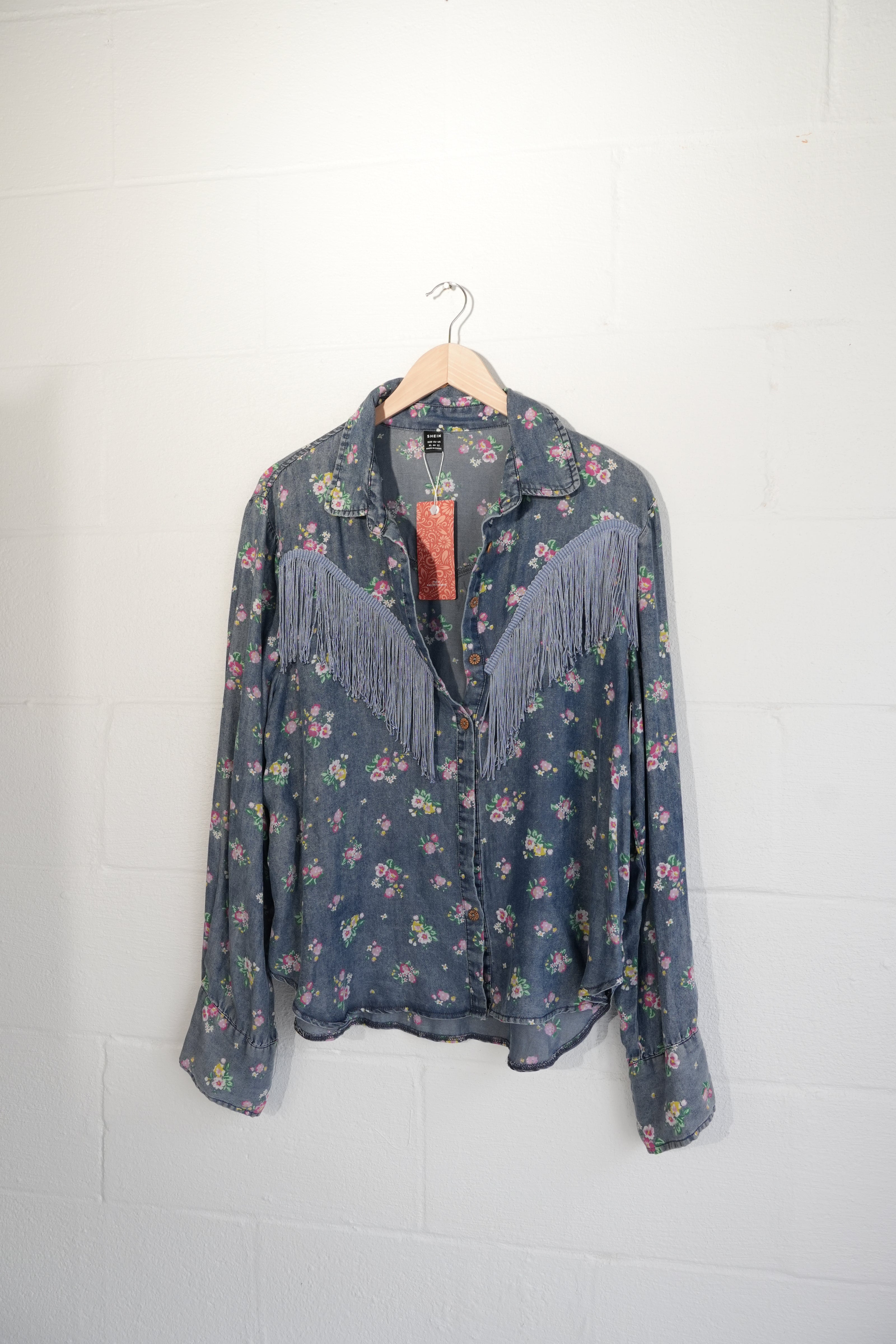SHEIN Button Down Shirt Women X-Large Blue Floral Fringe Western Denim Top