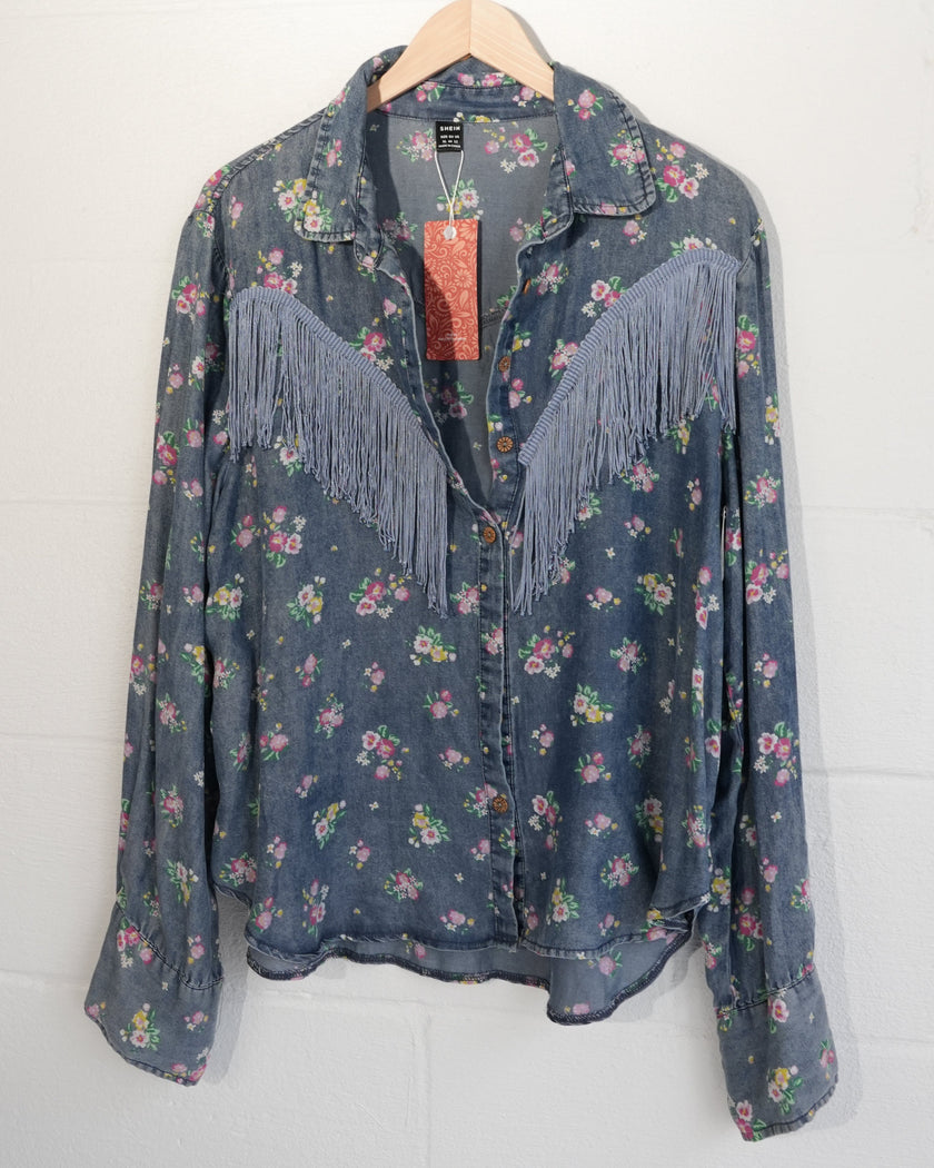SHEIN Button Down Shirt Women X-Large Blue Floral Fringe Western Denim Top