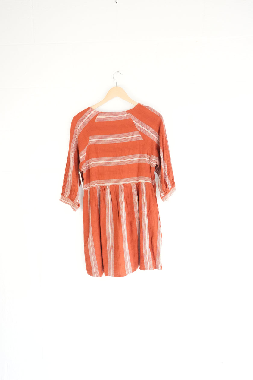 Entro Women Rust Terracotta Striped Babydoll Tunic Dress 3/4 Sleeve Large