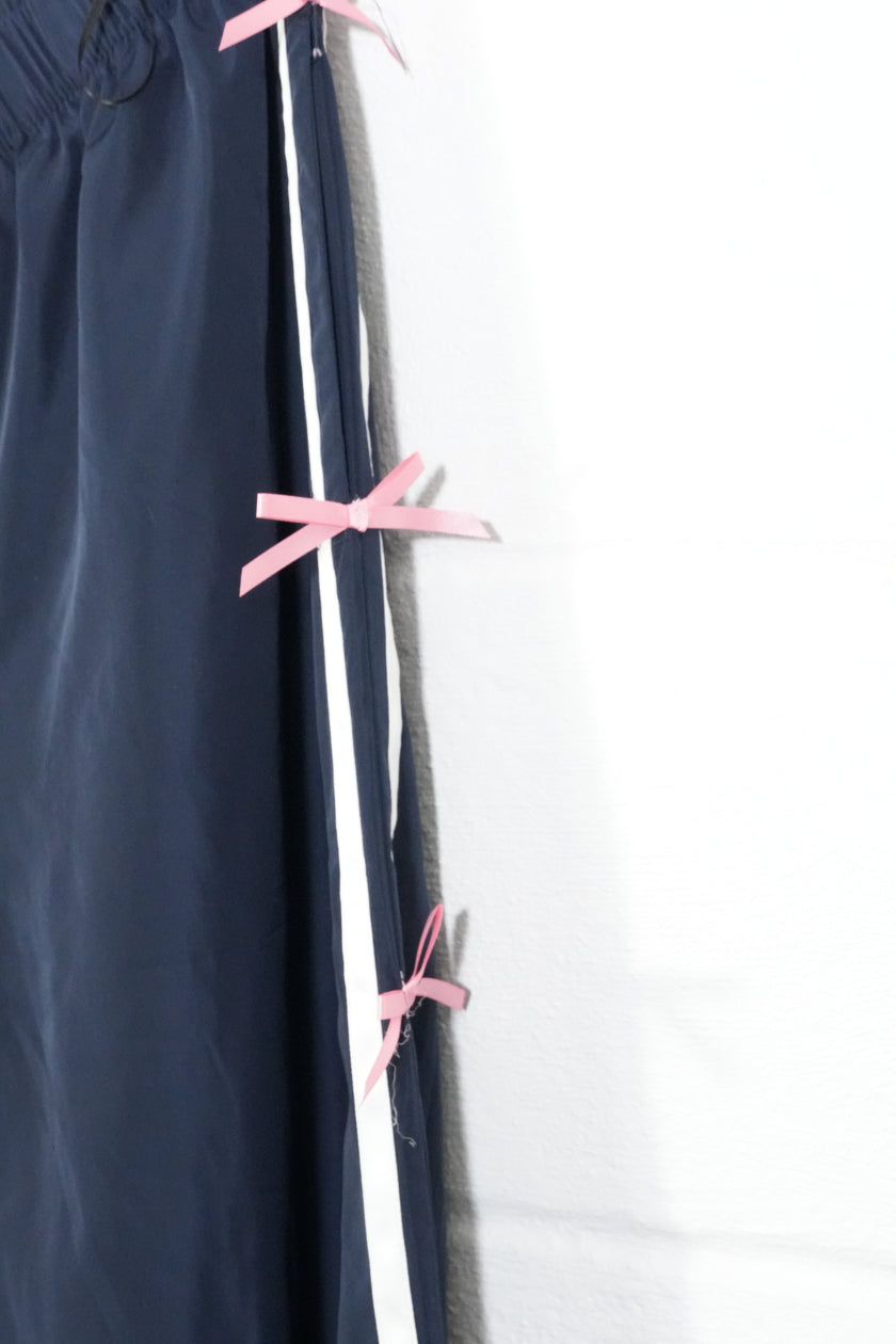 BIBI Track Pants Women Extra Large Navy Blue Pink Bow Side Stripe Joggers