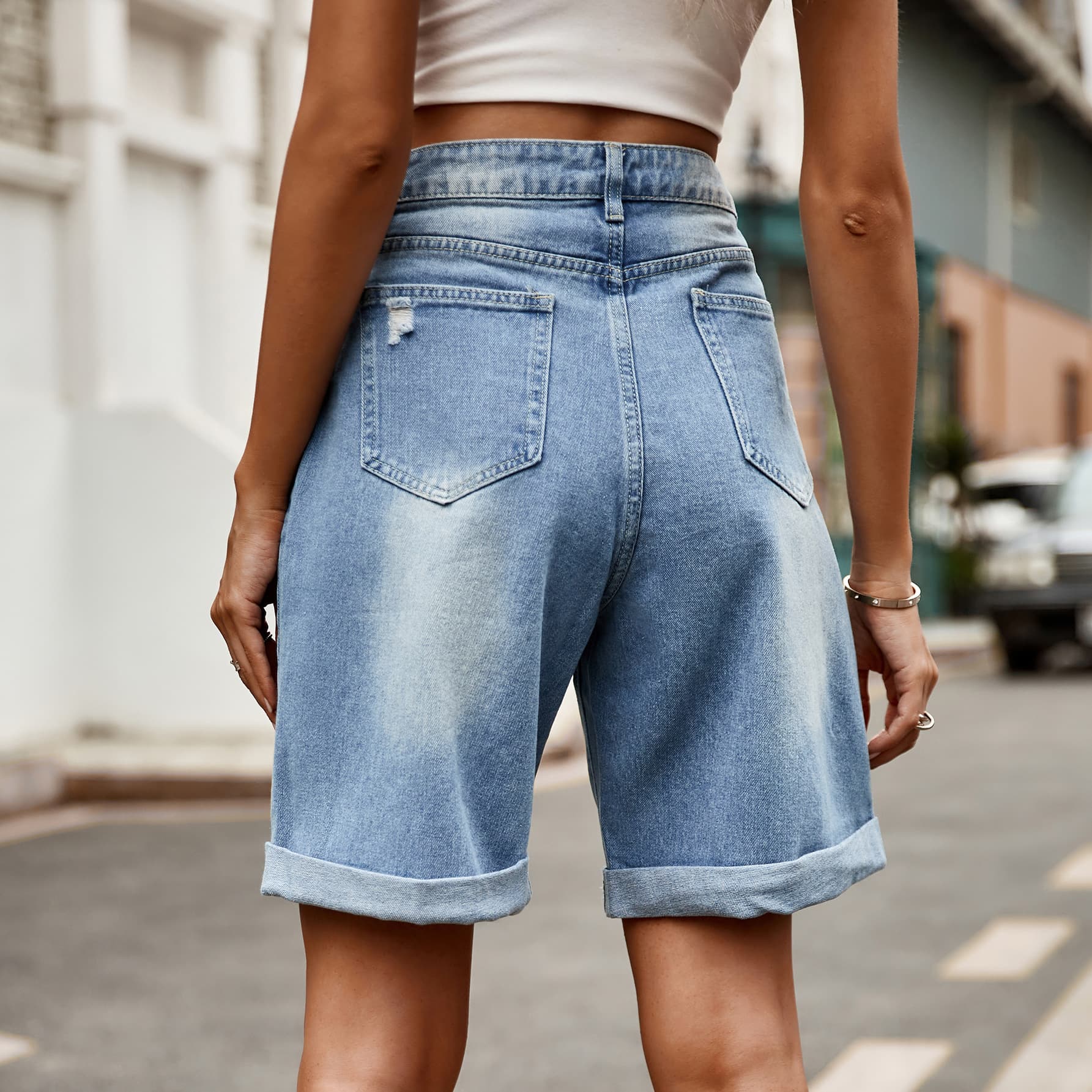 Distressed Buttoned Denim Shorts with Pockets (In-Store)