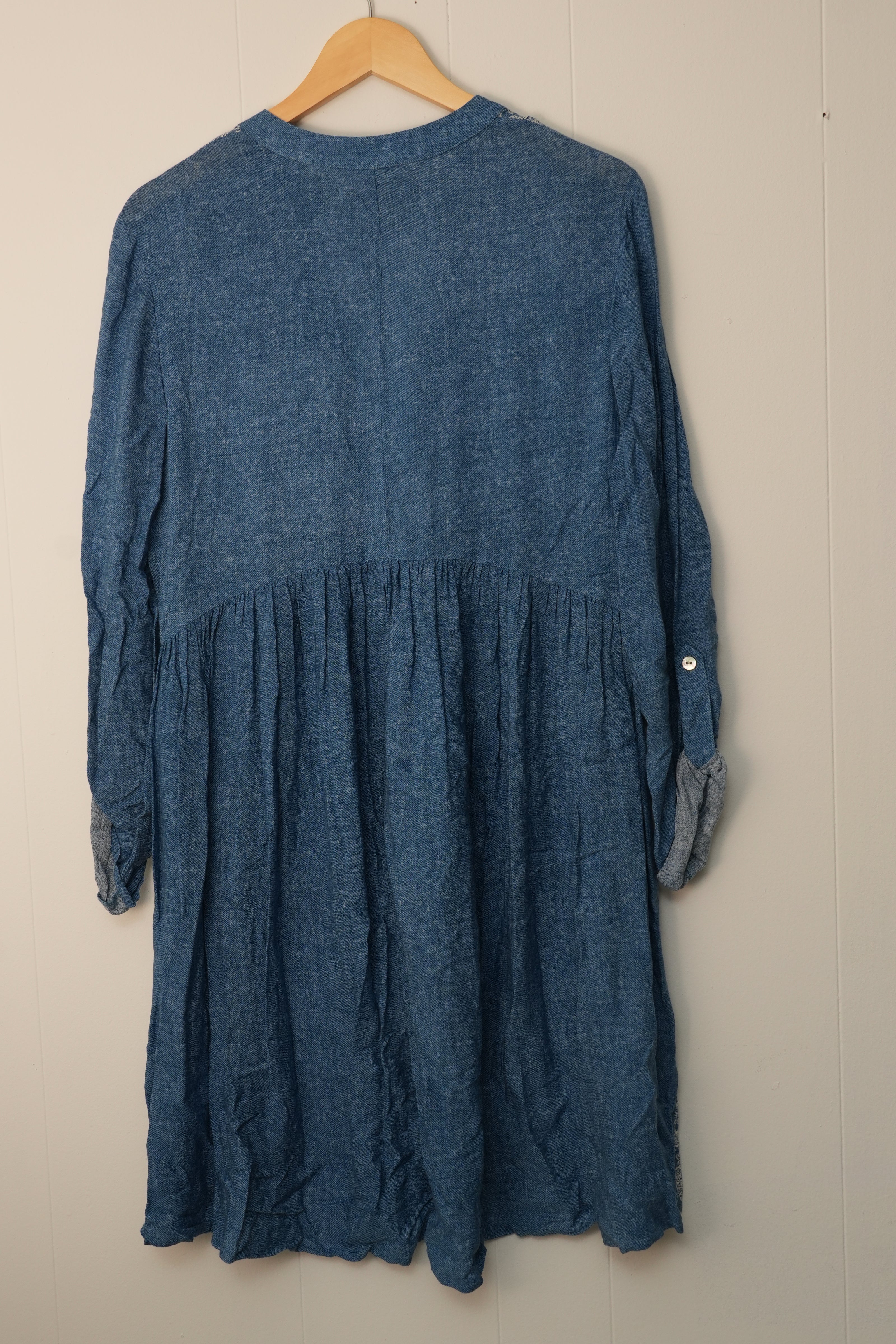 Bailey Blue Tunic Dress Women Small Blue Embroidered Roll Tab Sleeve Boho