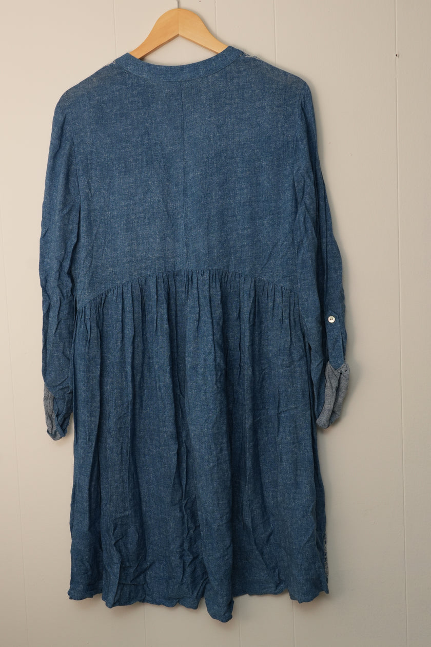 Bailey Blue Tunic Dress Women Small Blue Embroidered Roll Tab Sleeve Boho