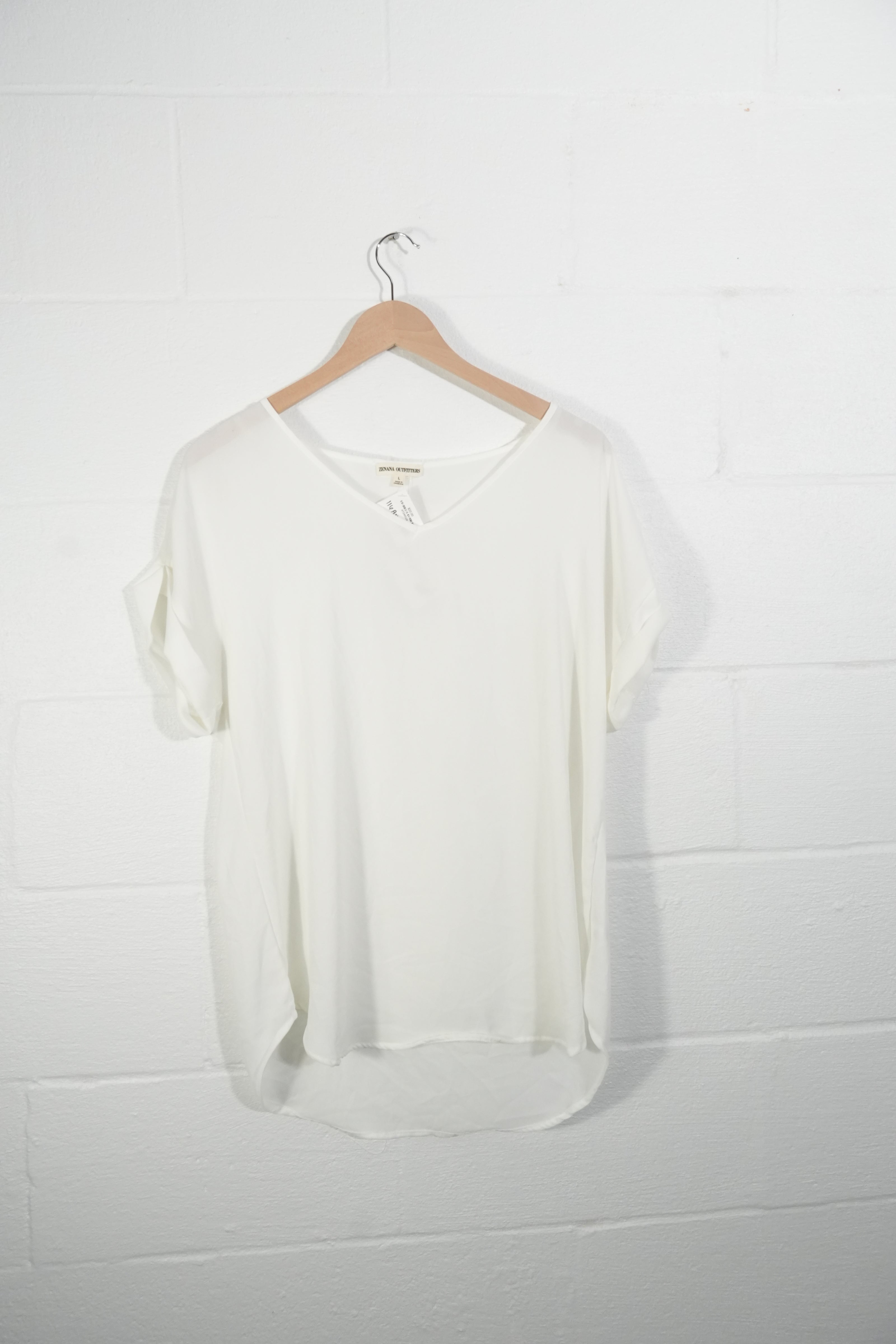 Zenana Outfitters Blouse Women Large White V-Neck Short Sleeve Rolled Cuff Top