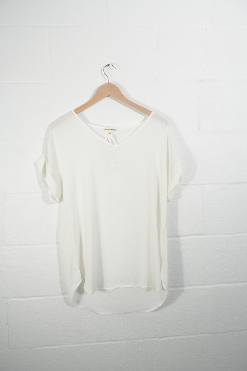 Zenana Outfitters Blouse Women Large White V-Neck Short Sleeve Rolled Cuff Top