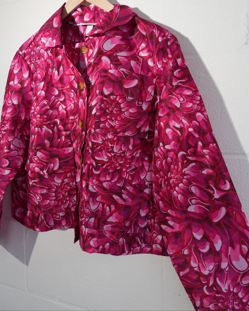 Kika Vargas Jacket Women Medium Pink Floral Chrysanthemum Button Front Cropped