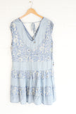 Angie Mini Dress Women Size Small Blue Floral Patchwork Boho Tiered V-Neck Rayon