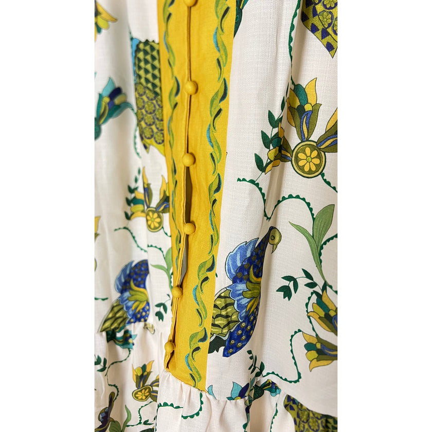 Button Up Long Sleeve Dress with Bold Bird Pattern Size Large