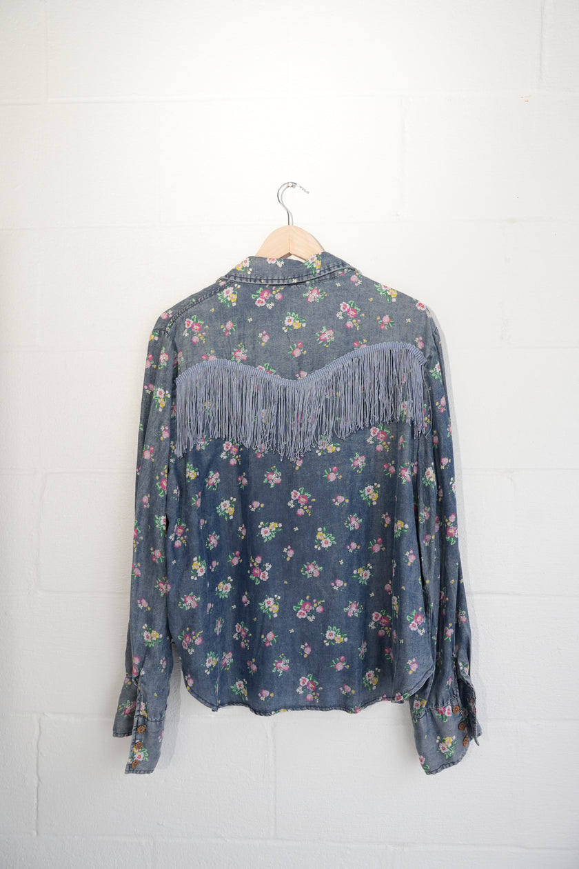 SHEIN Button Down Shirt Women X-Large Blue Floral Fringe Western Denim Top