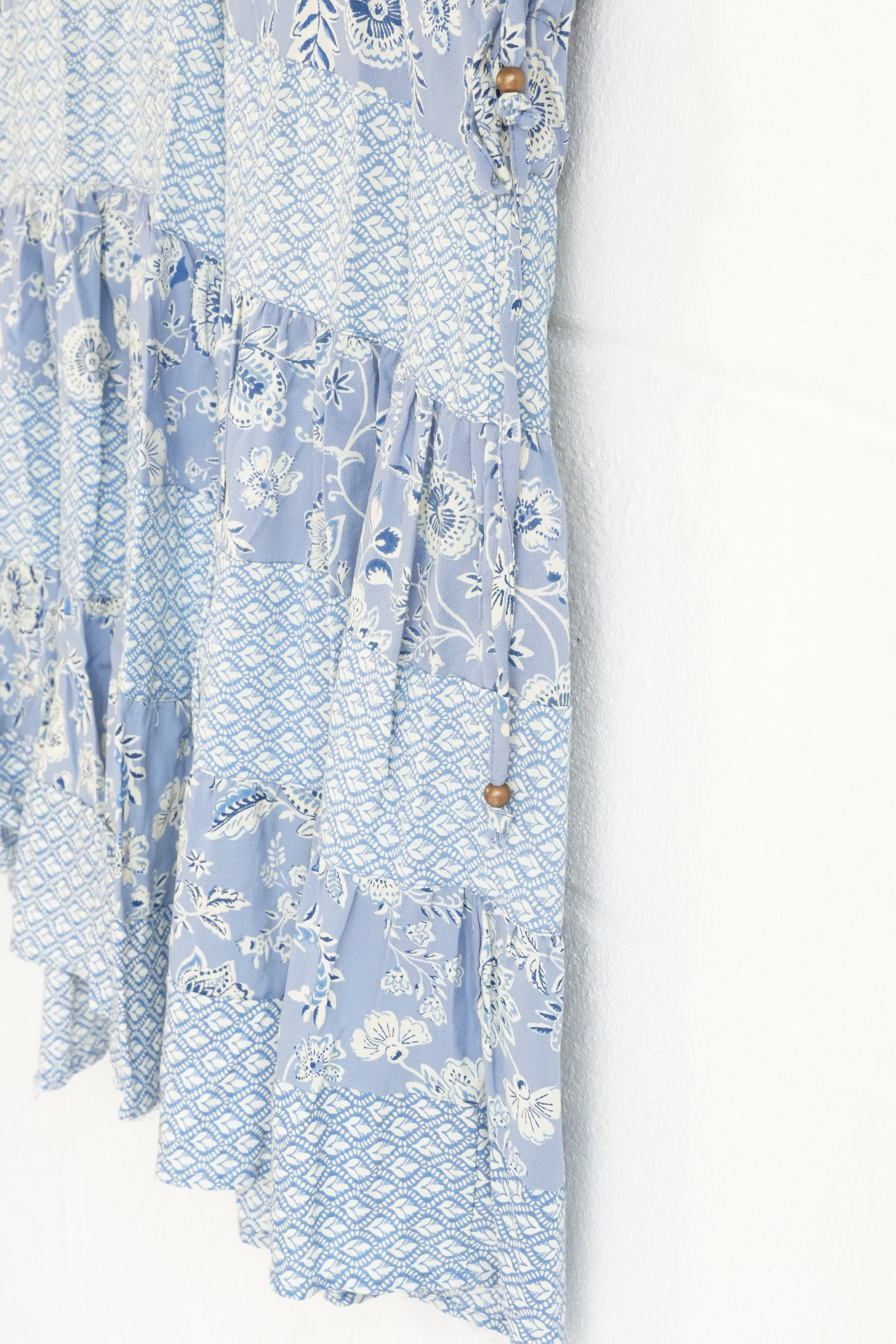 Angie Mini Dress Women Size Small Blue Floral Patchwork Boho Tiered V-Neck Rayon