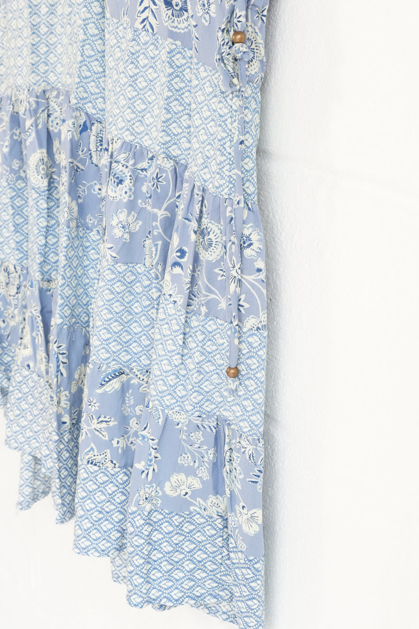 Angie Mini Dress Women Size Small Blue Floral Patchwork Boho Tiered V-Neck Rayon