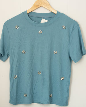 Embellished Ribbed T-Shirt Women Small Rhinestone Pearl Floral