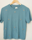 Embellished Ribbed T-Shirt Women Small Rhinestone Pearl Floral