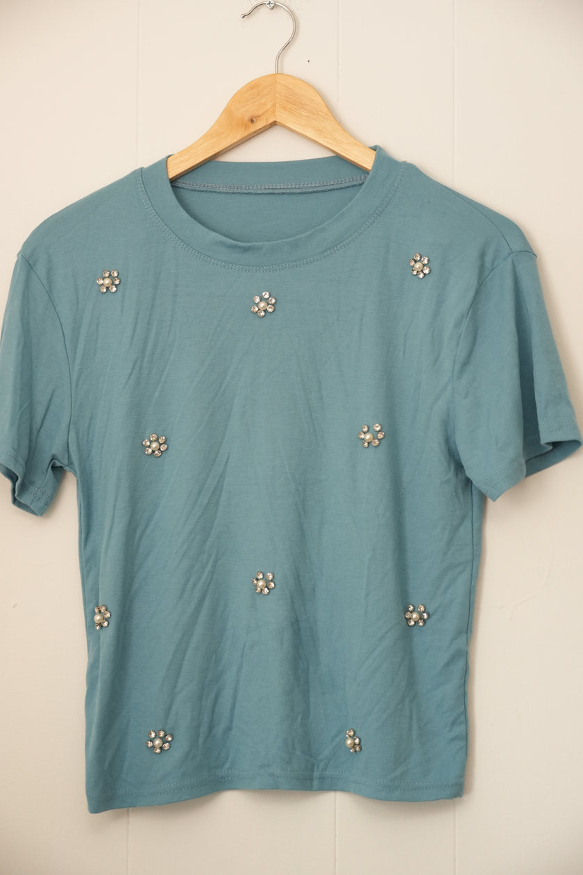 Embellished Ribbed T-Shirt Women Small Rhinestone Pearl Floral