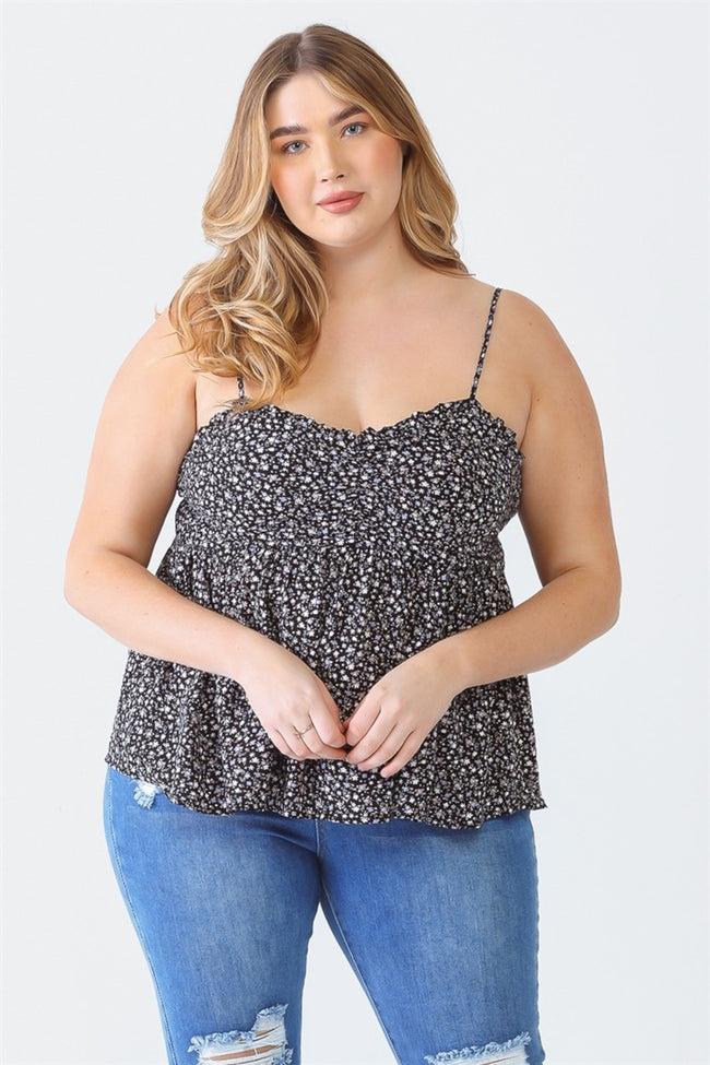 Plus Size Frill Smocked Floral Sweetheart Neck Cami