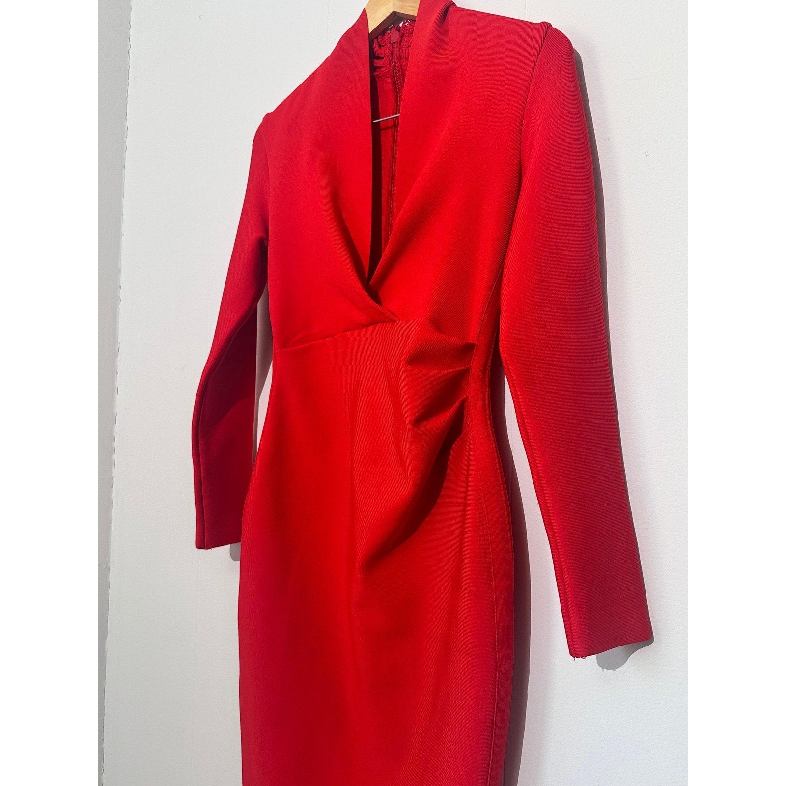 Dress Womens Medium Red V Neck Long Sleeve Ruched Sheath Midi Cocktail Party