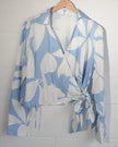 SHEIN Wrap Blouse Women Large Blue White Floral Abstract Long Sleeve Tie Top