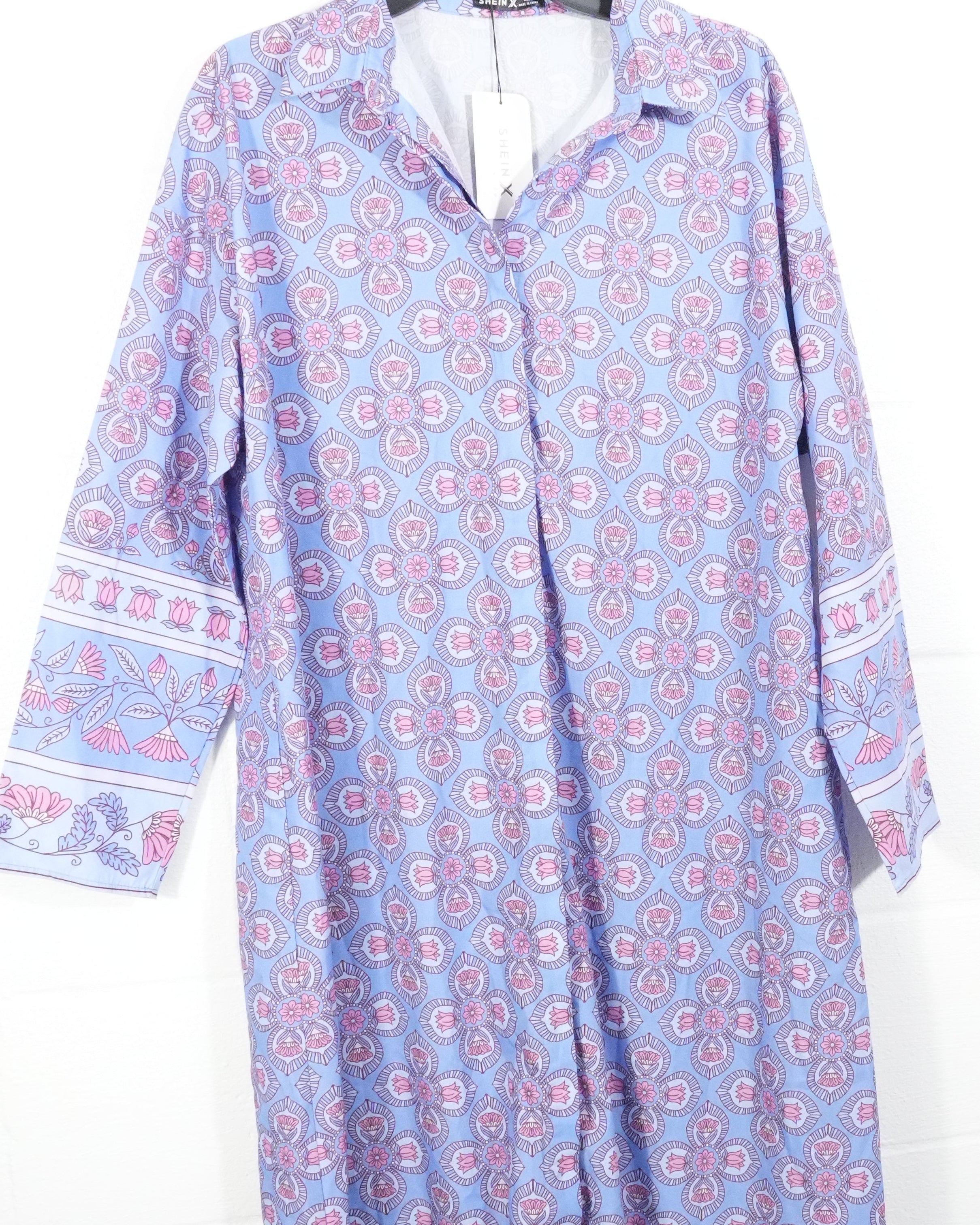 SHEIN X Maxi Dress Women Large Purple Pink Floral Medallion Long Sleeve Collared