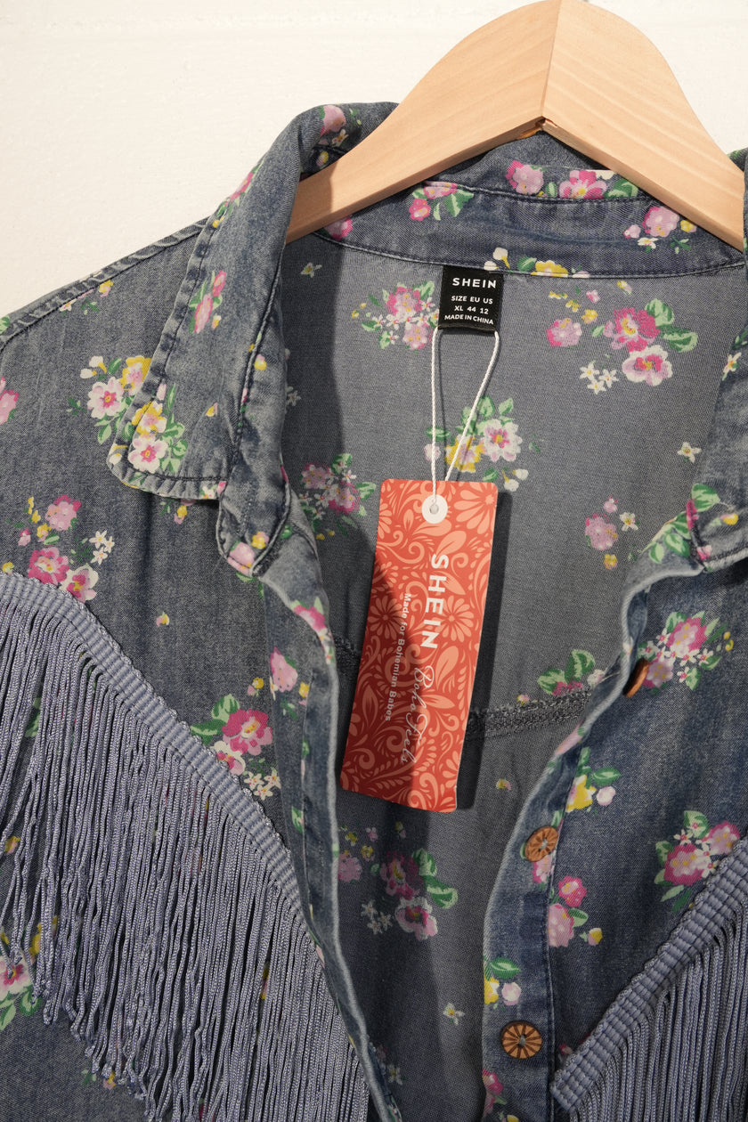 SHEIN Button Down Shirt Women X-Large Blue Floral Fringe Western Denim Top