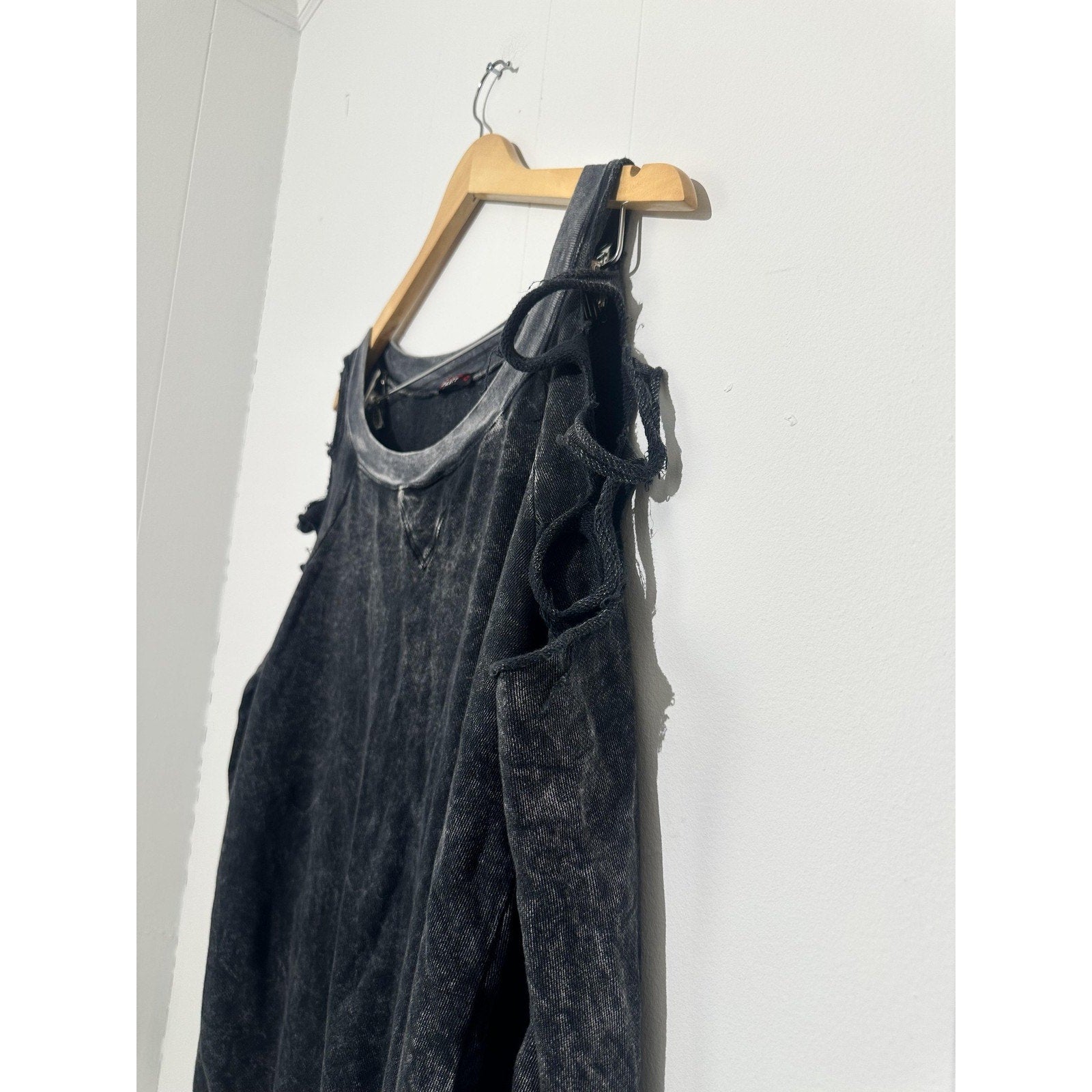 Cold Shoulder Sweatshirt Womens Medium Black Strap Acid Wash Distressed