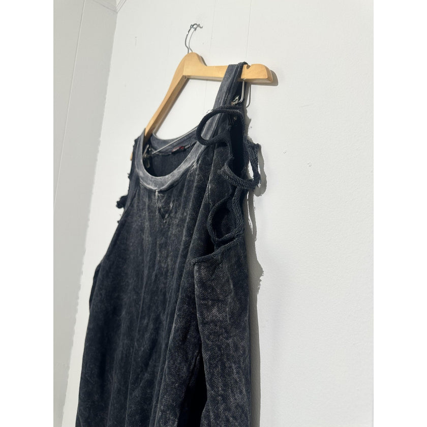 Cold Shoulder Sweatshirt Womens Medium Black Strap Acid Wash Distressed