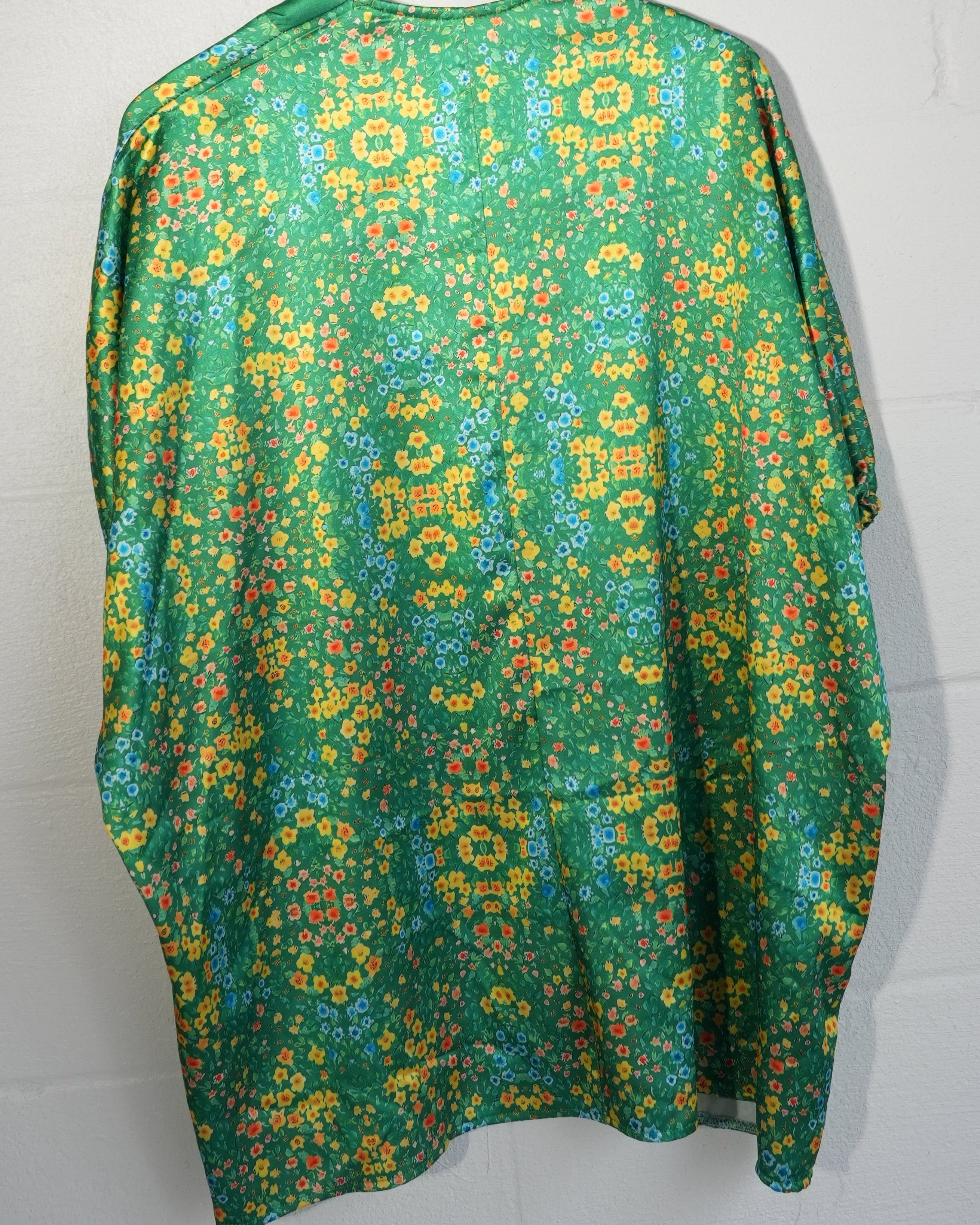 Floral Satin V-Neck Blouse Women Large Green Puff Sleeve Boho Top