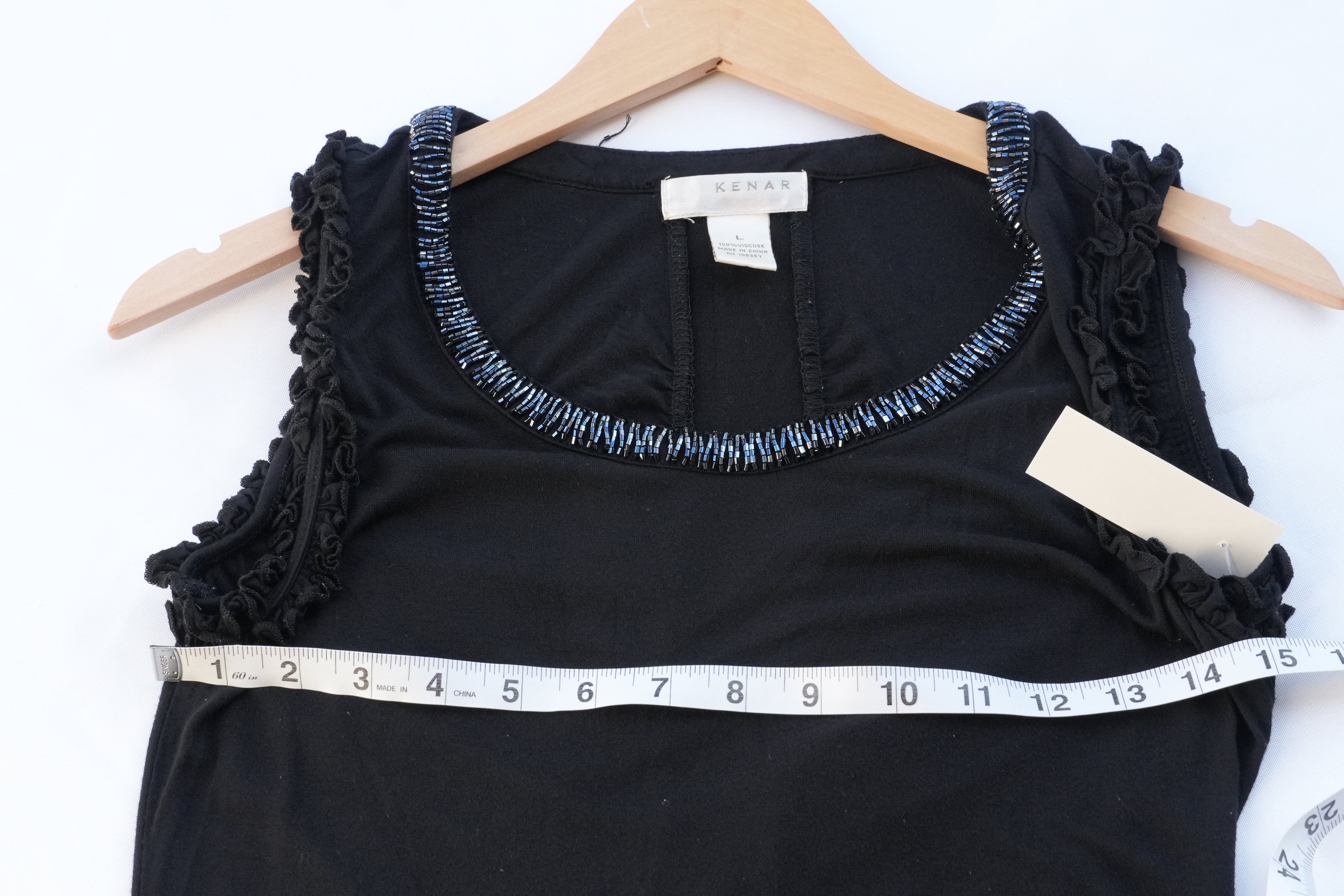 Kenar Tank Top Women Large Black Beaded Neck Ruffle Sleeve Viscose Ruching