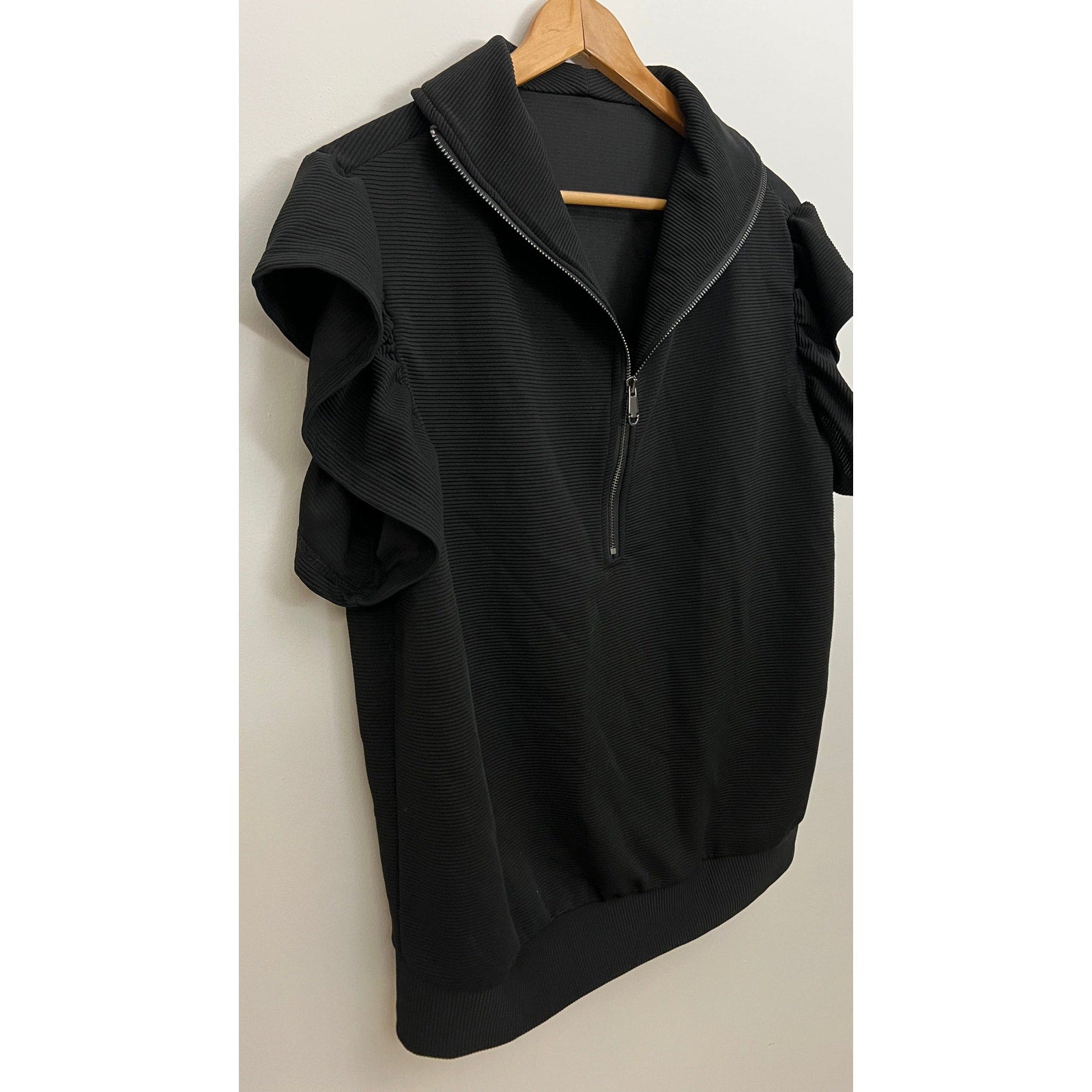 Black Ribbed Half Zip Top with Ruffle Sleeves Size XL