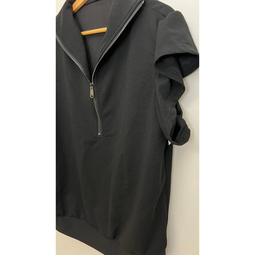 Black Ribbed Half Zip Top with Ruffle Sleeves Size XL