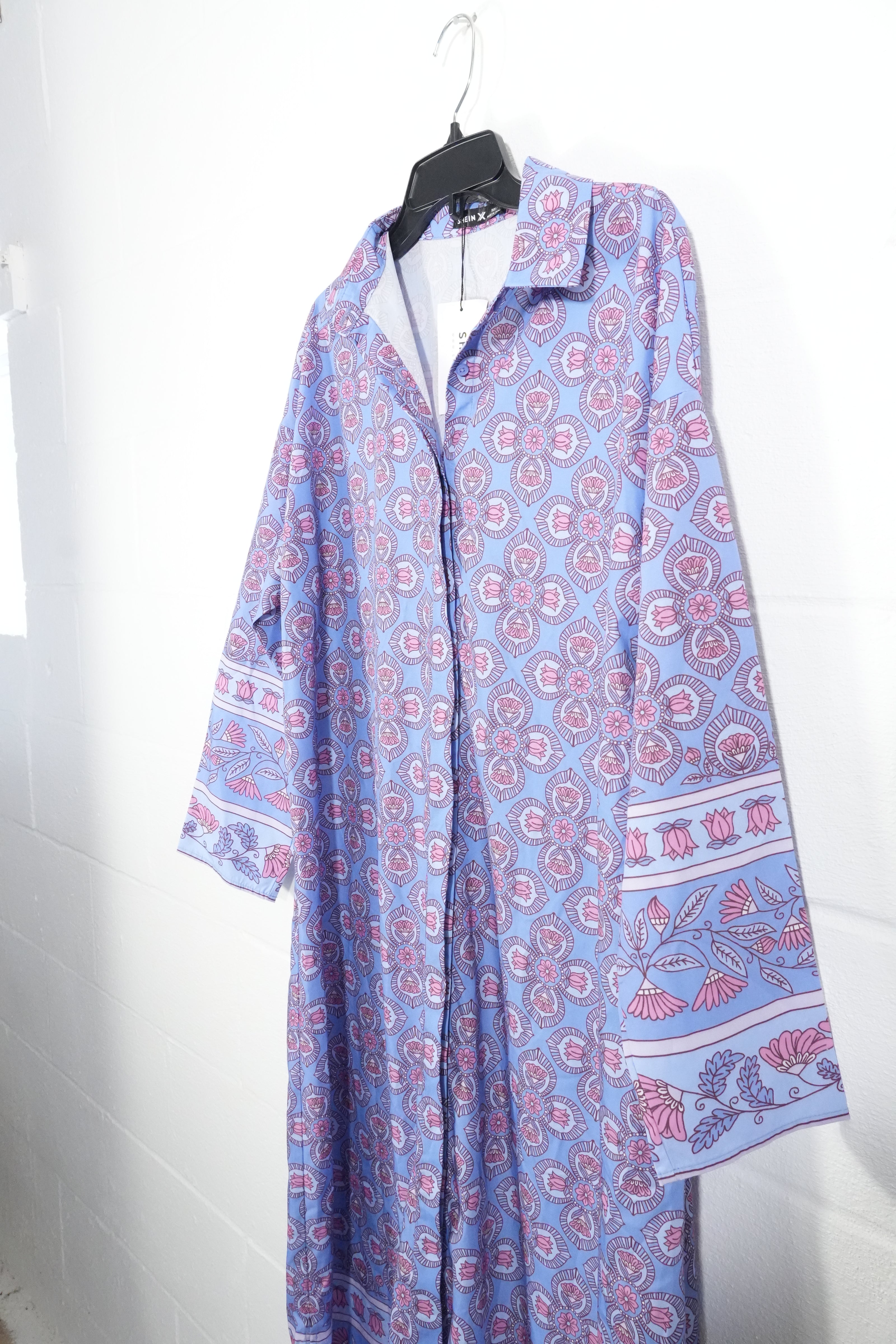 SHEIN X Maxi Dress Women Large Purple Pink Floral Medallion Long Sleeve Collared