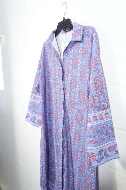 SHEIN X Maxi Dress Women Large Purple Pink Floral Medallion Long Sleeve Collared