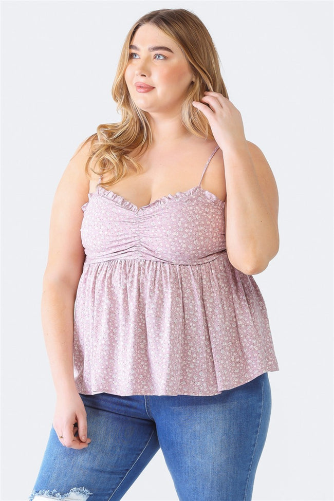Plus Size Frill Smocked Floral Sweetheart Neck Cami