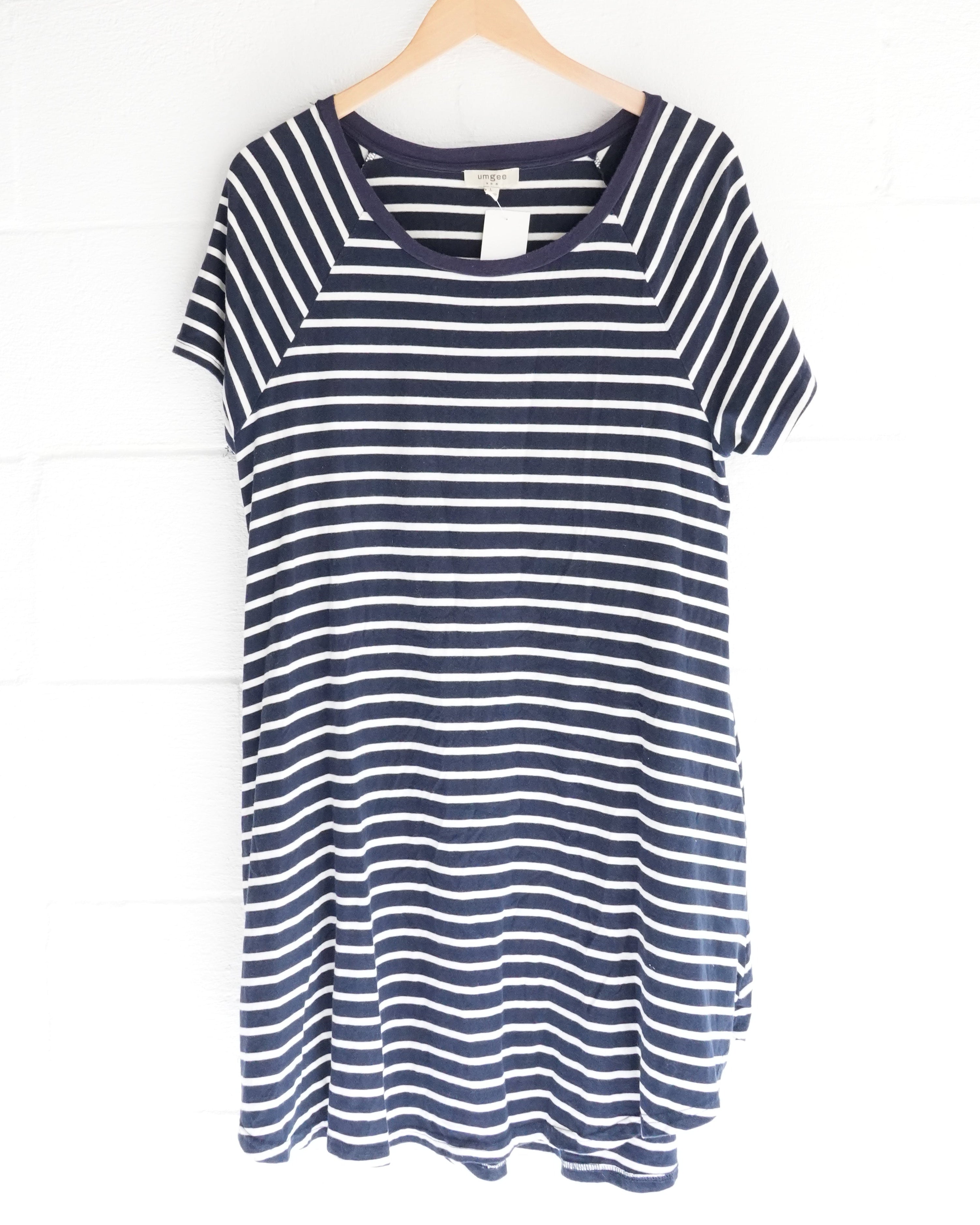 Umgee USA Womens Large Navy Blue White Striped Raglan Short Sleeve T-Shirt Dress