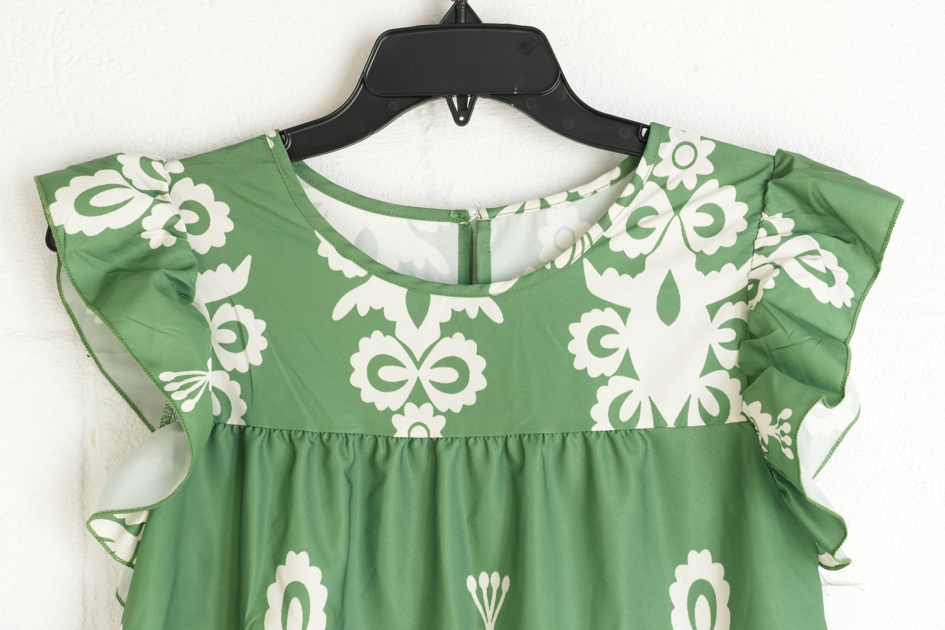 Shein Tiered Dress Women Large Green White Flutter Sleeve Damask Print Babydoll
