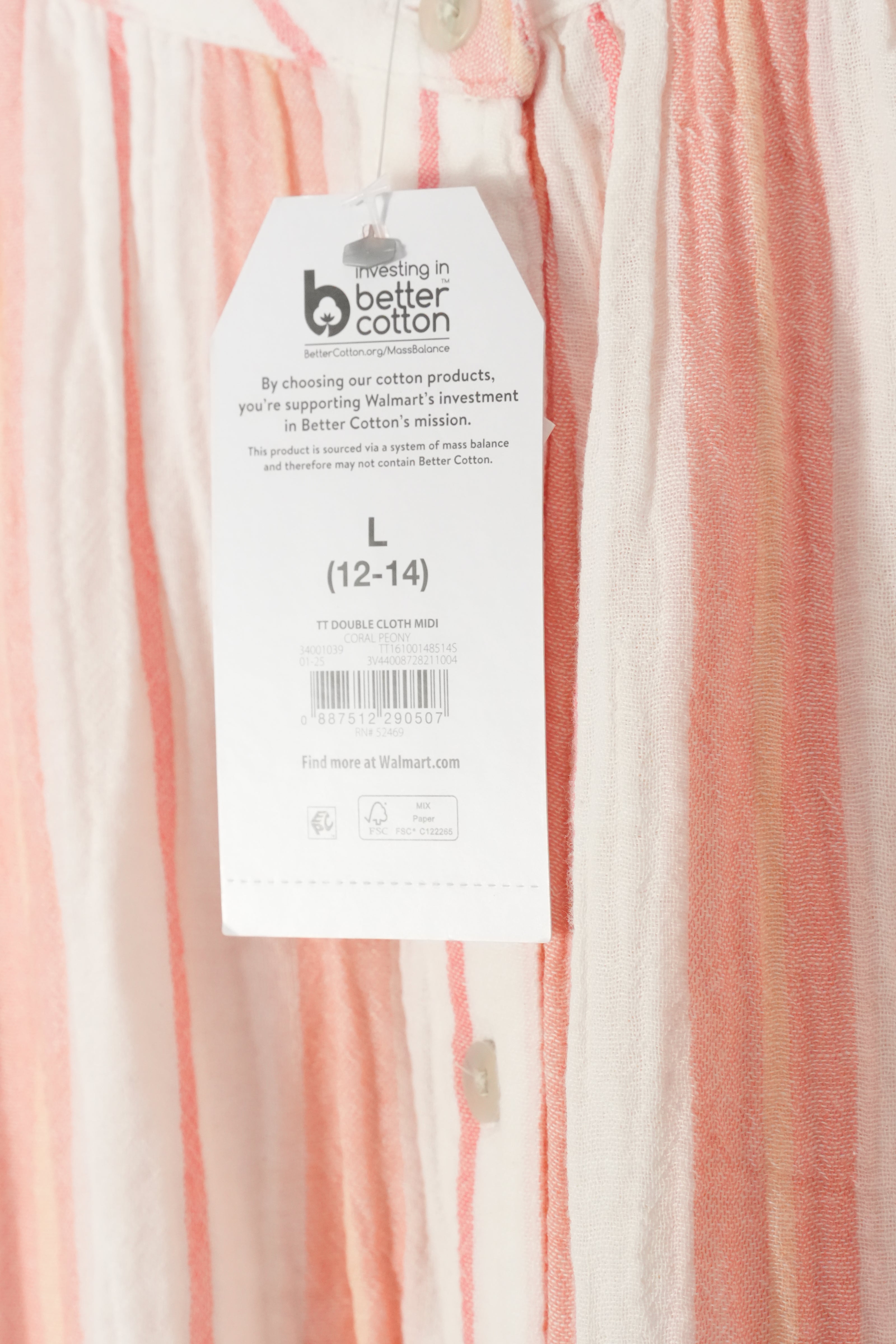 Time and Tru Double Cloth Midi Dress Women Large Coral Peony Striped Button