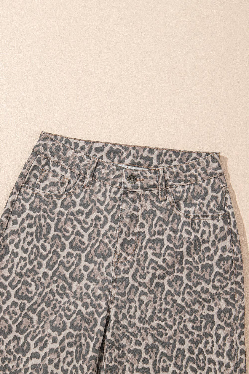 Brown Leopard Frayed Edge Wide Leg High Waist Jeans