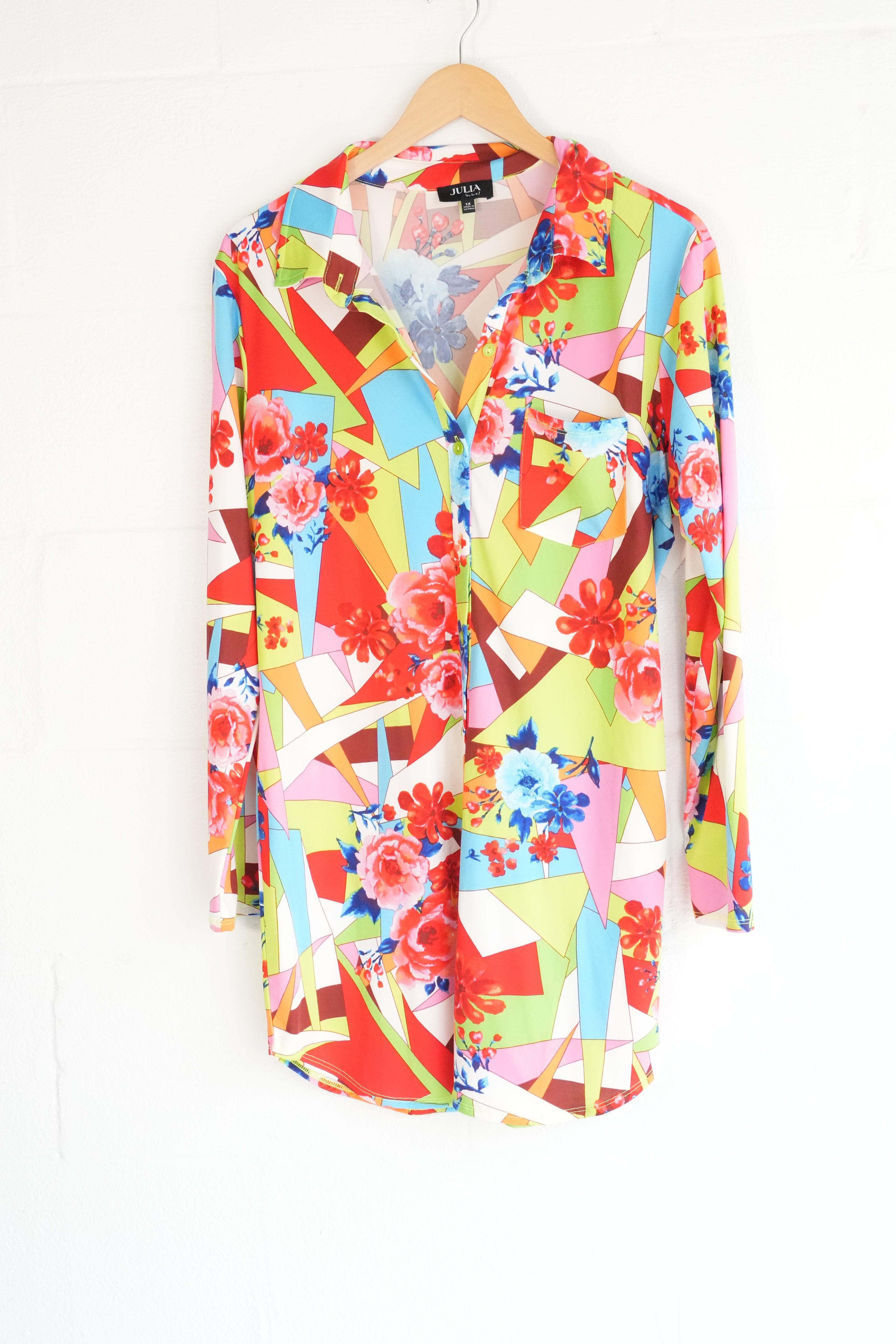 Julia by Love J Button Up Shirt Womens 1X Multicolor Geometric Long Sleeve