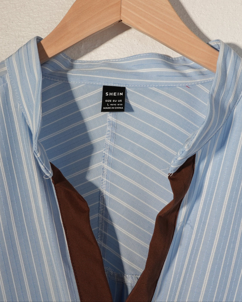 SHEIN Button Up Shirt Women Large Blue White Striped Contrast Trim Stand Collar