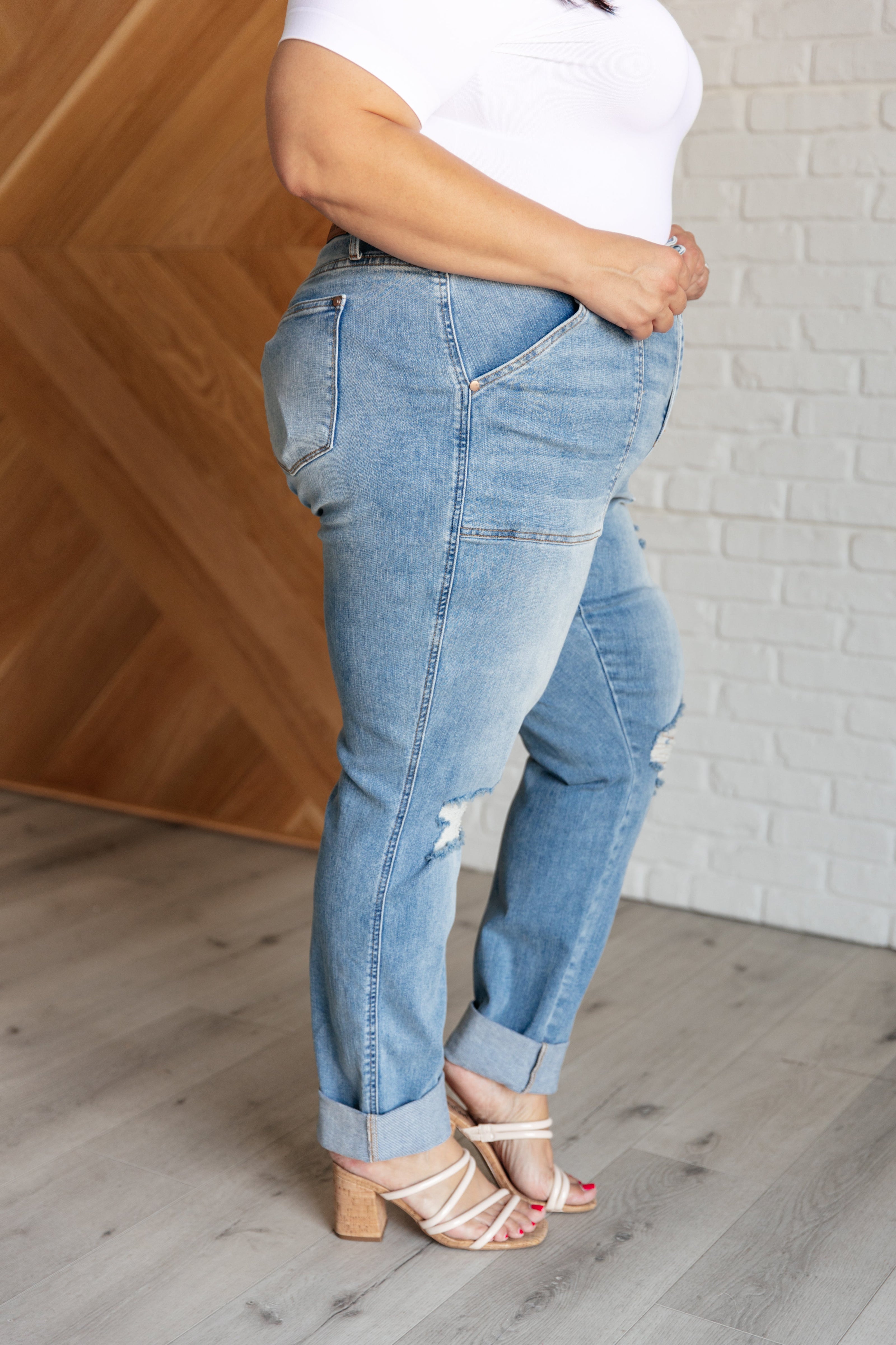 Judy Blue - Aiden High Rise Patch Pocket Distressed Boyfriend Jeans