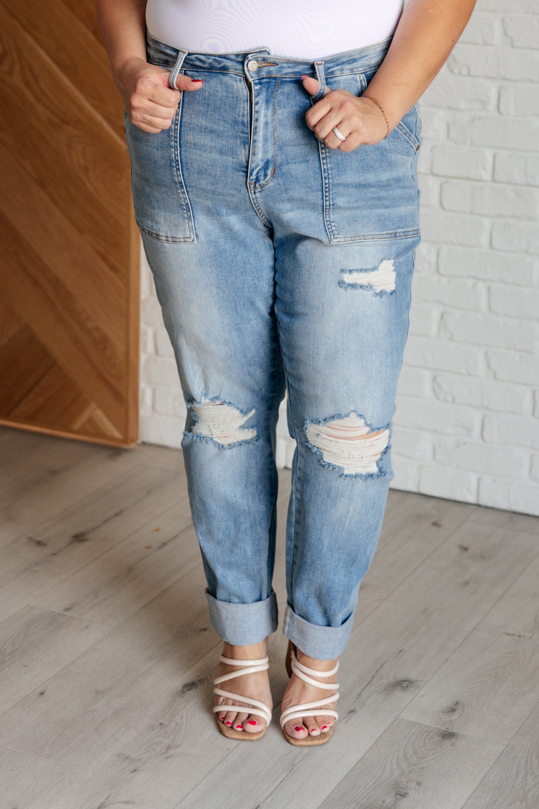 Judy Blue - Aiden High Rise Patch Pocket Distressed Boyfriend Jeans