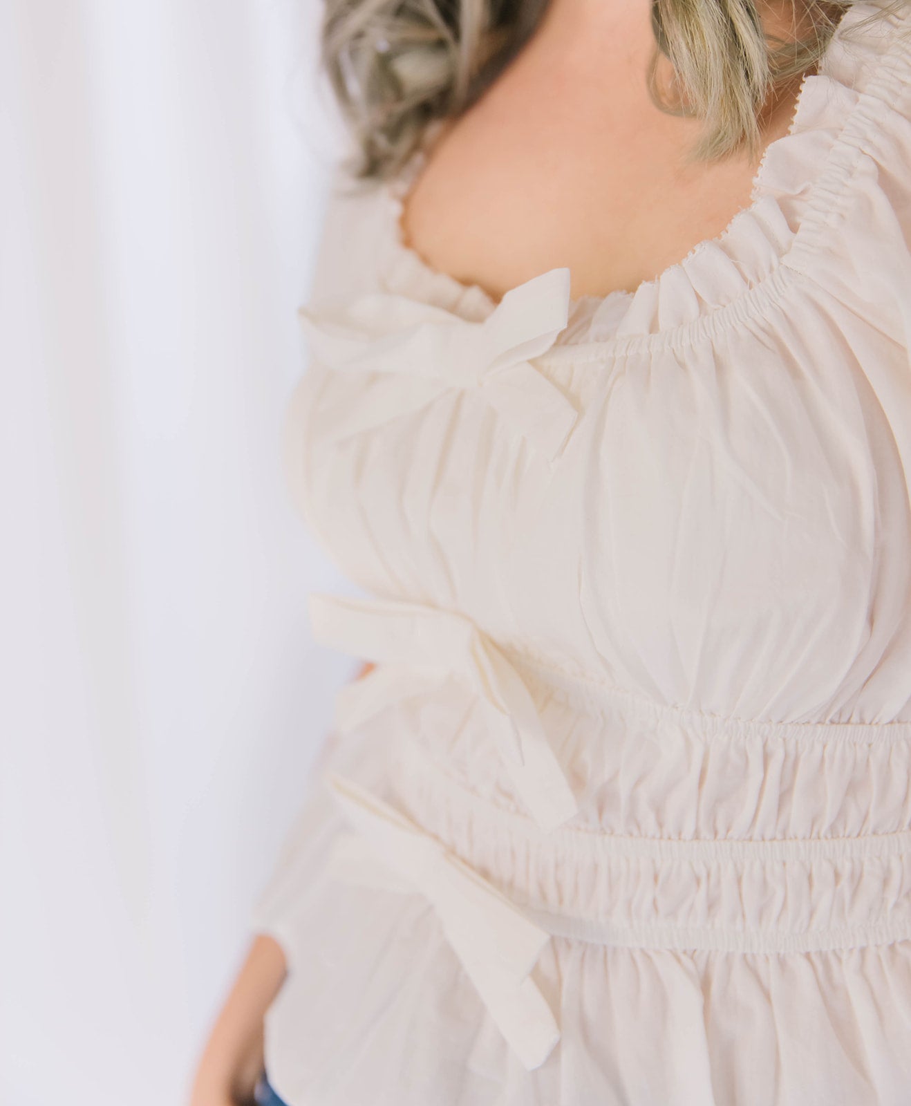 White Puff Sleeve Tunic with Ruffle Trim and Bow Details