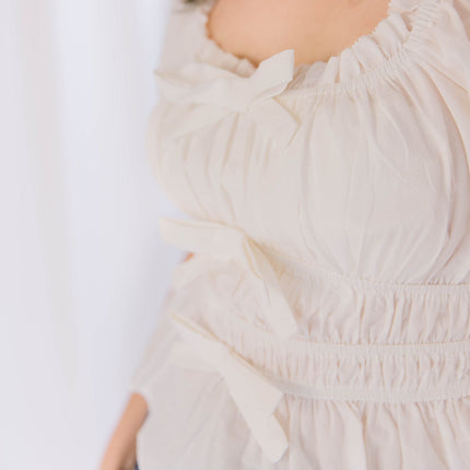 White Puff Sleeve Tunic with Ruffle Trim and Bow Details