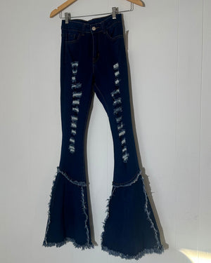 H & Y Fashion high-waisted dark wash ripped flare jeans size S