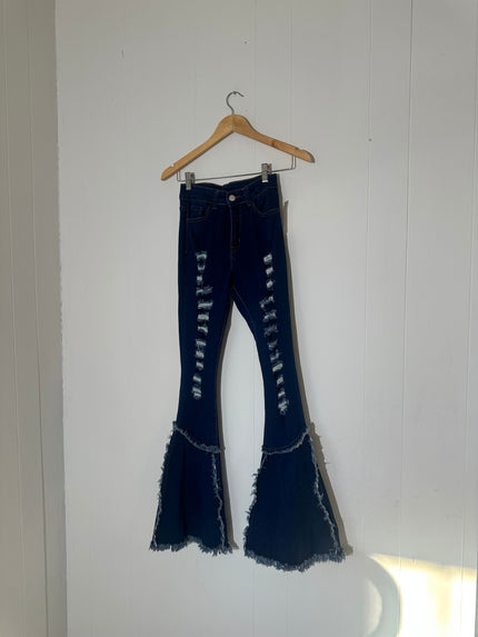 H & Y Fashion high-waisted dark wash ripped flare jeans size S