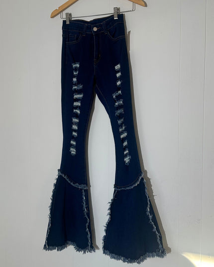 H & Y Fashion high-waisted dark wash ripped flare jeans size S