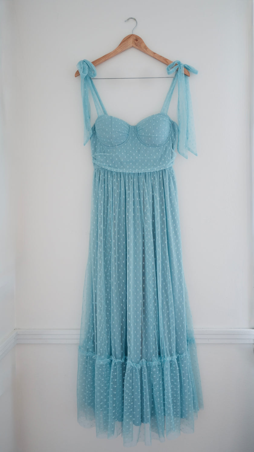 Blue Tulle Tie Shoulder Maxi - Size Medium