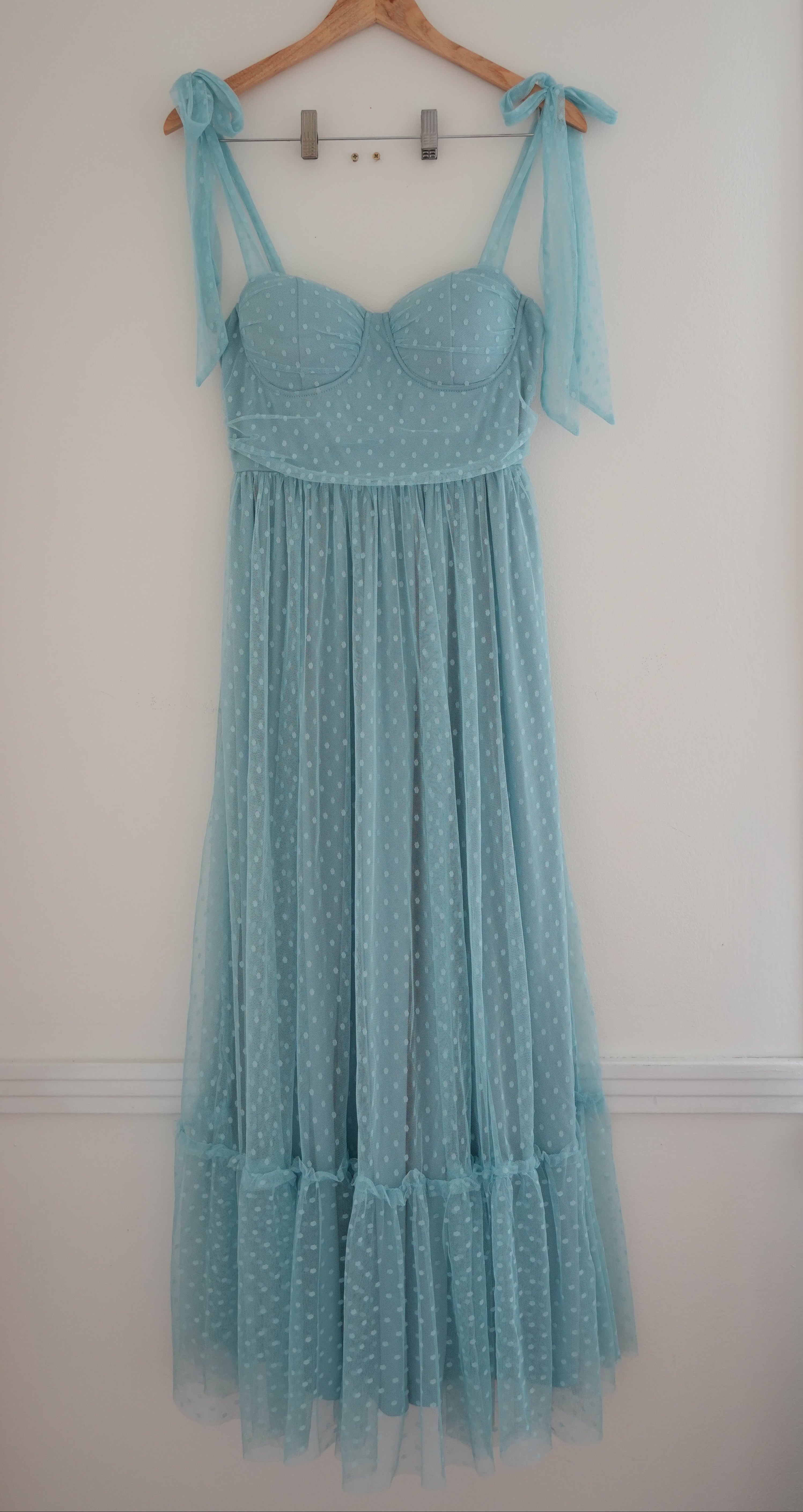 Blue Tulle Tie Shoulder Maxi - Size Medium